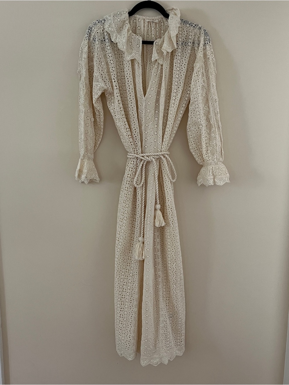 Doen Persephone Cream Eyelet Midi Dress with Tassel Belt in Magnolia NWT sz XXS - Picture 10 of 11